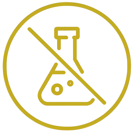 a golden lab beaker that is crossed out. showing the use of non-toxic chemicals. No toxic chemicals are used
