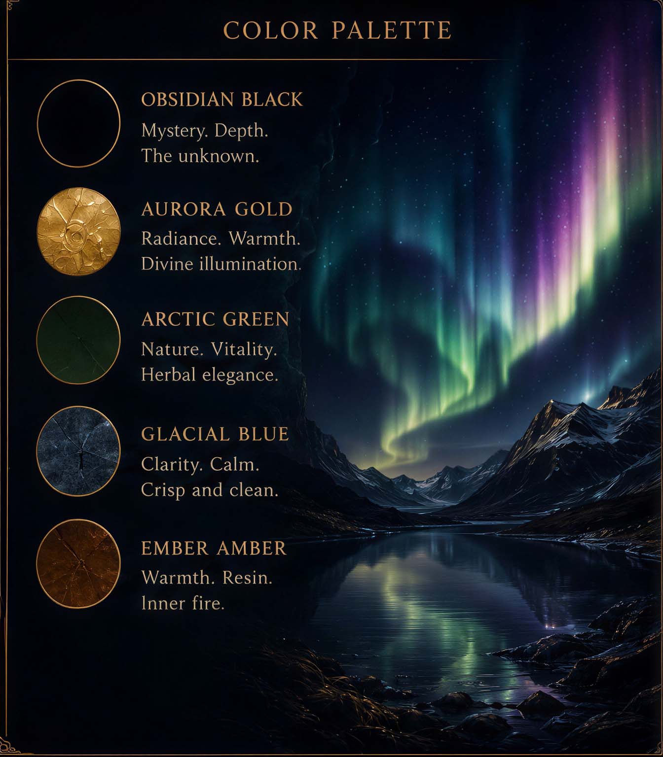Botanical Perfume- zayah - Northern Light. Botanical cologne Zayah - Glacial warning - color palette
